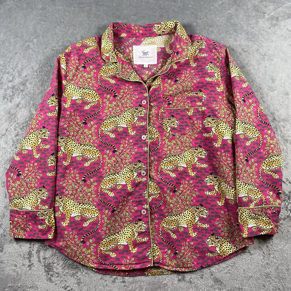 Printfresh Bagheera Pajama Top Womens Sz L Hot Pink Leopard Cotton‎ Long Sleeve